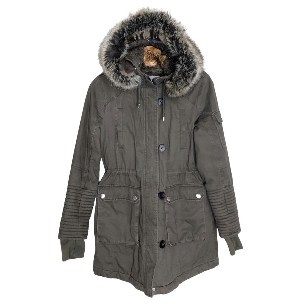 BCBGeneration Jacket Utility Parka Mocha Waist Cinch Faux Fur Hood Medium